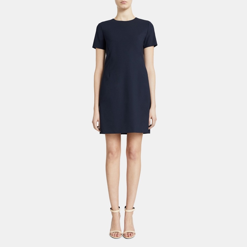 Theory Stretch Sevona Wool Short-Sleeve Sheath Dress Navy